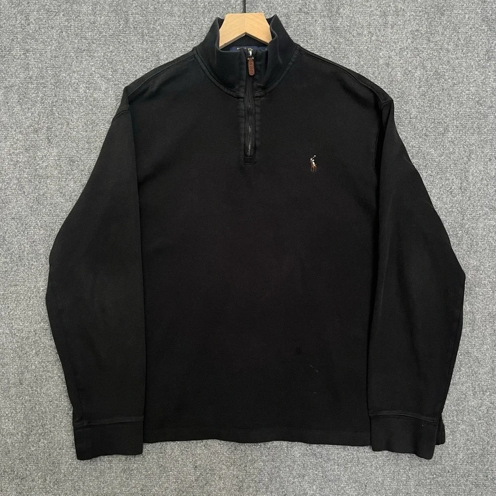 Polo Ralph Lauren Mens Black Estate Rib Cotton Quarter Zip Pullover Sweater XL